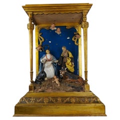 Exquisite Italian Nativity Scene in Gilt Wood Shrine, circa 1900