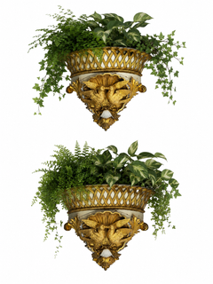 Spektakuläres Paar italienischer, vergoldeter und bemalter Wand-Jardinières