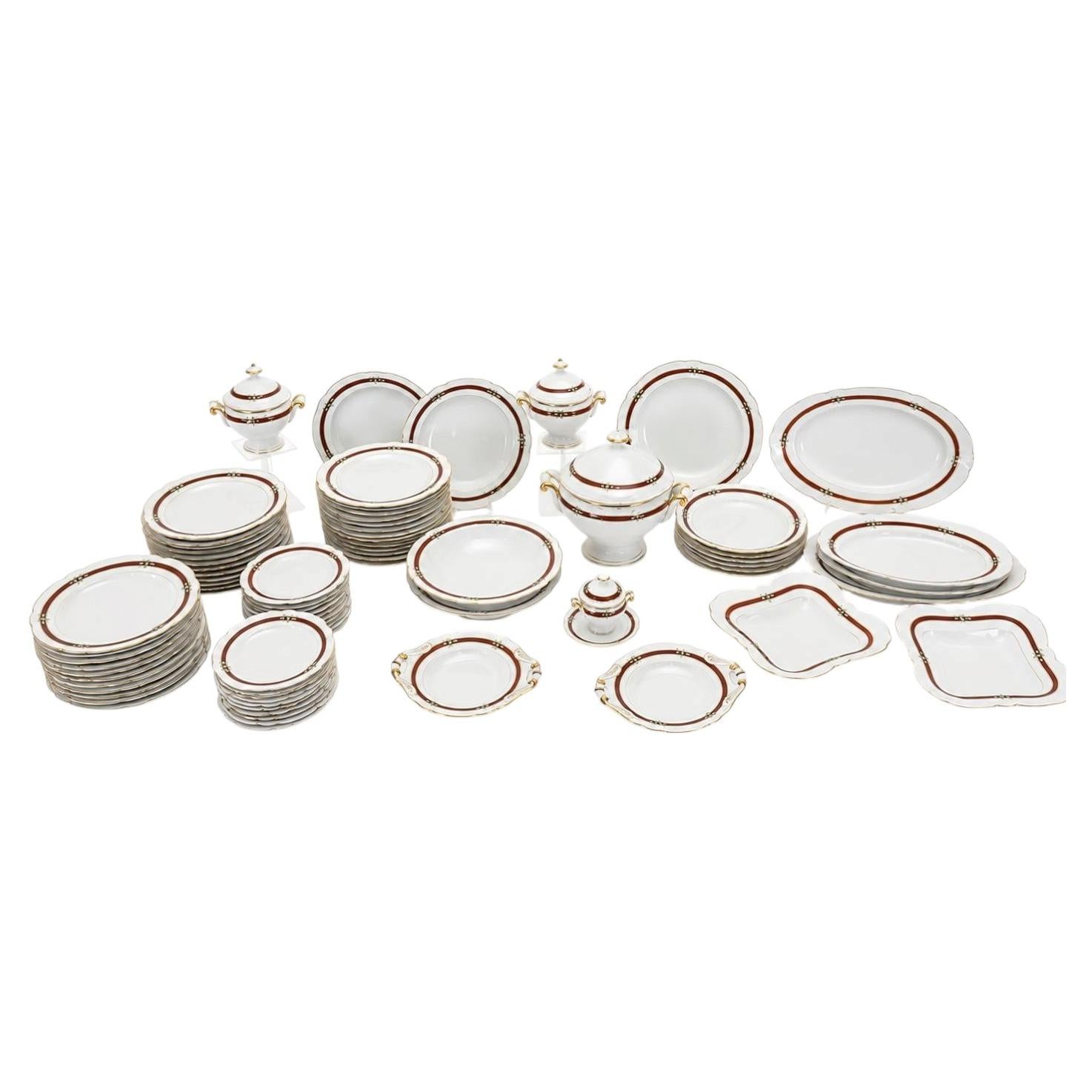 Elegant 78-Piece Dinner Service with Brown Decoration and Gilt Borders For Sale