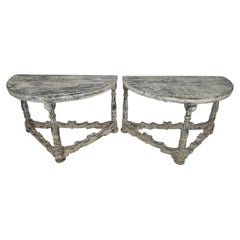 Coppia di mensole da parete a forma di mezzaluna in grigio e bianco con effetto invecchiato