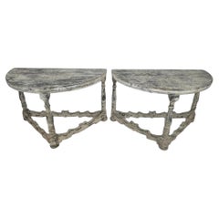 Pair of Distressed Gray & White Demi-Lune Wall Consoles