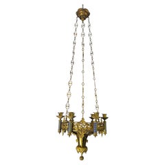 19th Century French Neo-Gothic Brass Candle Chandelier with Enamel