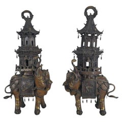 Pair of 19th Century Bronze Elephant Incense Burners with Pagodas, Circa 1880