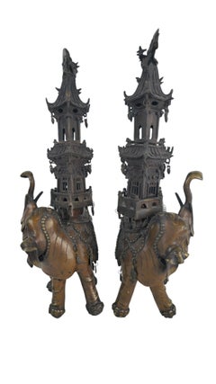 Pair of 19th Century Bronze Elephant Incense Burners with Pagodas, Circa 1880