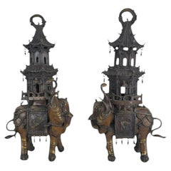 Pair of 19th Century Bronze Elephant Incense Burners with Pagodas, Circa 1880