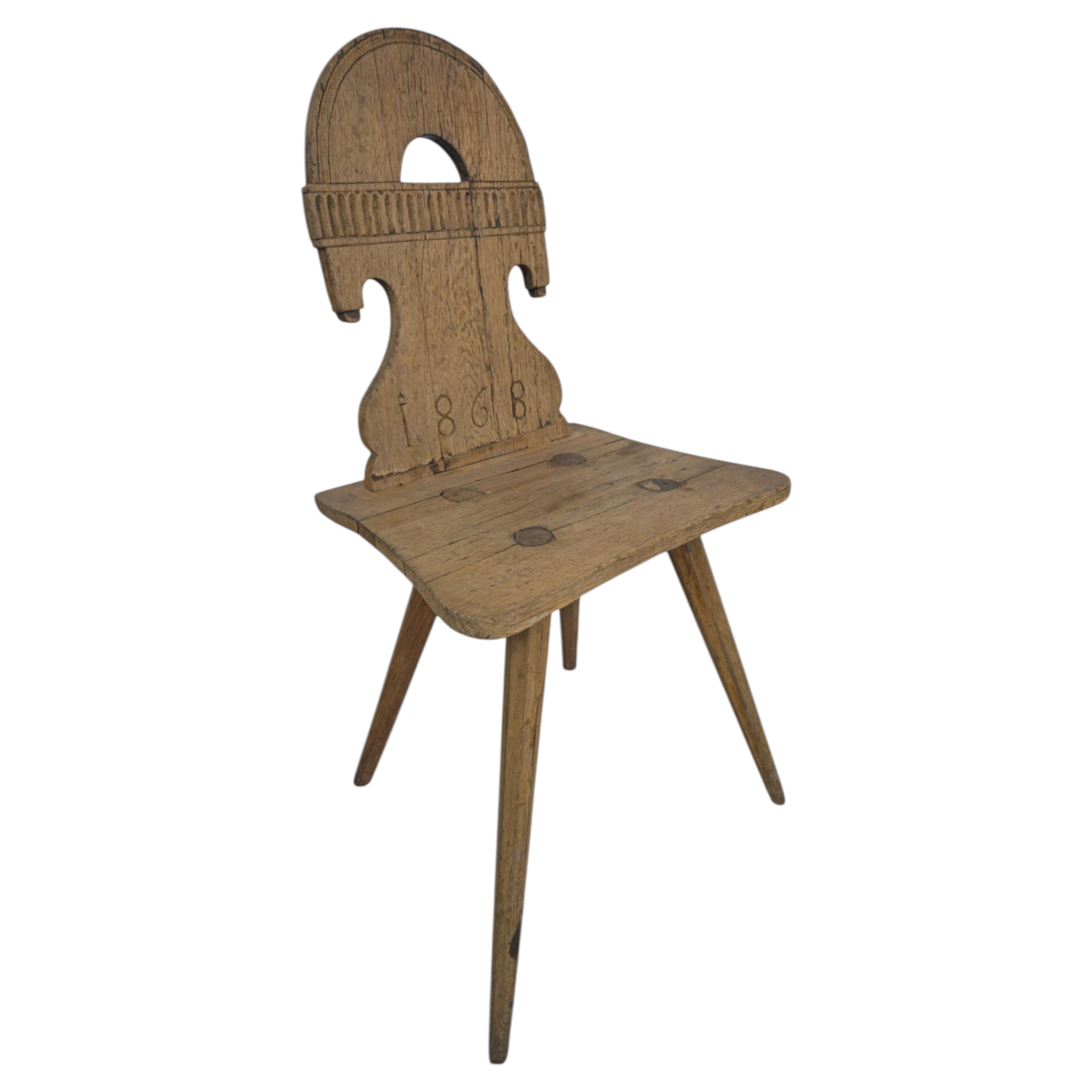 Dated 1868 Austrian Hardwood Peasant Chair with Carved Year For Sale