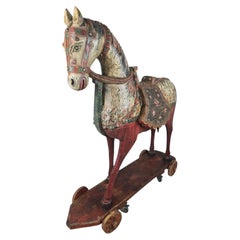 Monumental 19th Century Wooden Horse on Wheels with Original Polychrome Paint