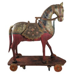 Monumental 19th Century Wooden Horse on Wheels with Original Polychrome Paint