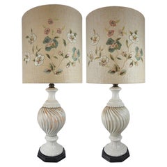 Pair of Large Faience Table Lamps with Embroidered Floral Shades, Circa 1920