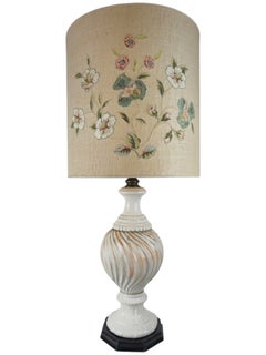 Pair of Large Faience Table Lamps with Embroidered Floral Shades, Circa 1920