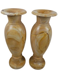Pair of Decorative Teakwood Marble Vases, Circa 1980