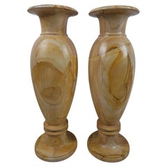 Pair of Decorative Teakwood Marble Vases, Circa 1980