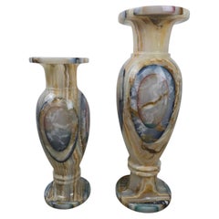 Pair of Decorative Banded Marble Vases of Differing Sizes