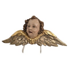 German Polychrome Wood Angel Head with Wings, 19th Century
