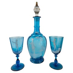 South German Blue Glass Decanter Set, Schneemanndl, c. 1850