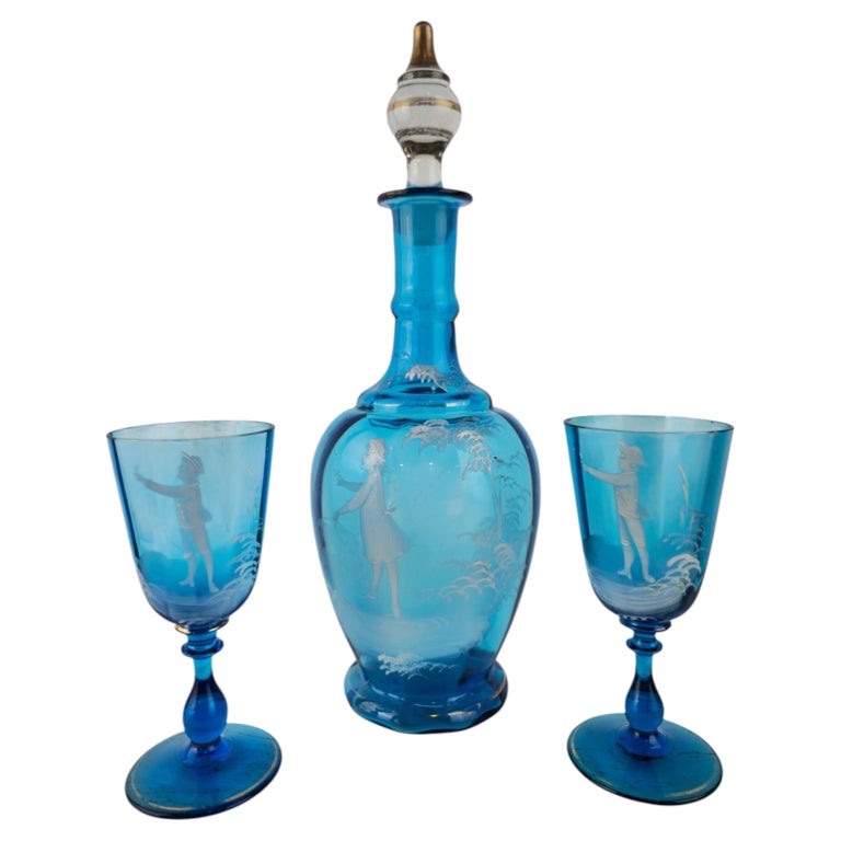 South German Blue Glass Decanter Set, Schneemanndl, c. 1850 For Sale at 1stDibs