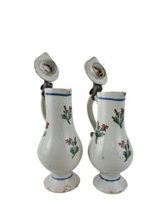 Pair of 18th-Century Faience Narrow-Neck Jugs with Lids