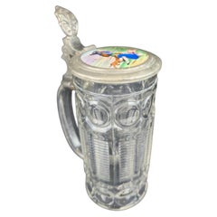South German Cut Glass Beer Stein with Painted Lid, c. 1860 with erotica motif