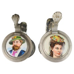 Pair of 19th-Century Glass Beer Steins with Portrait Lids