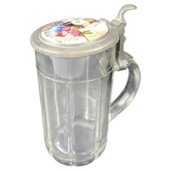 South German Glass Beer Stein, Waiderose Lid, c. 1860