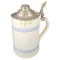 German Faience Beer Stein, Very Rare 2½ Litres, Painted Lid