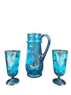South German Blue Glass Wine Jug and Two Glasses, Schneemanndl, circa 1860