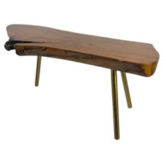 Live-Edge Hardwood Coffee Table with Brass Legs, c. 1960