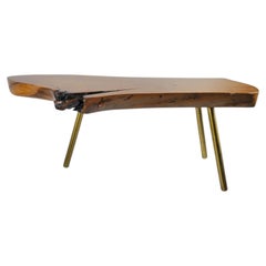 Live-Edge Hardwood Coffee Table with Brass Legs, c. 1960