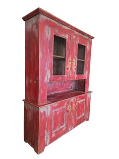 Exceptional Highly Decorative French Two-Part Kitchen Buffet, Worn Red Paint