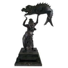 Imposing Unique Sculpture, Man Raising the Dragon-Carp In Chinese Bronze