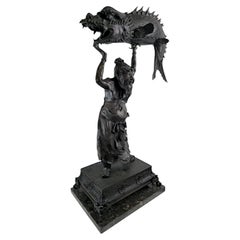 Imposing Unique Sculpture, Man Raising the Dragon-Carp In Chinese Bronze