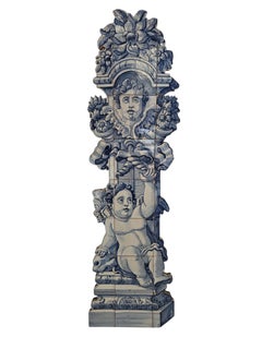 Pair of Blue and White Ceramic Tile Panels with Putti and Classical Columns