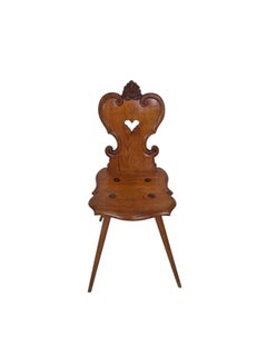 Swiss Carved Wooden Chair with Heart Motif and Shell Crest