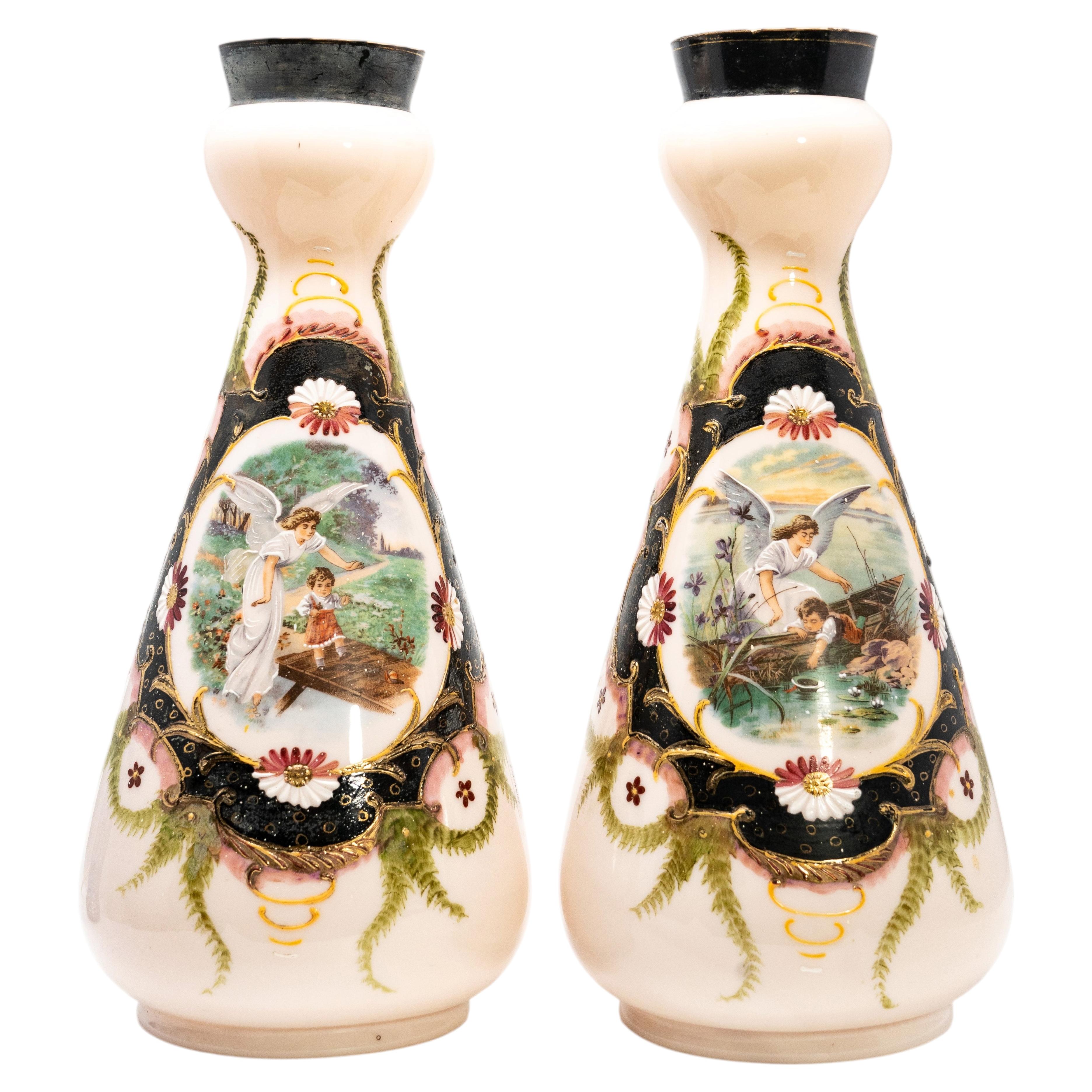 Pair of Antique Victorian / Bohemian Hand-Painted Opaline Glass Vases with Guard