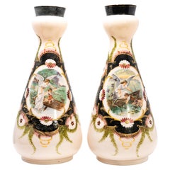 Pair of Antique Victorian / Bohemian Hand-Painted Opaline Glass Vases with Guard
