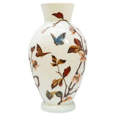 Antique Victorian Hand-Painted White Opaline Glass Vase with Butterflies and Bot