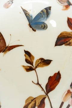 Antique Victorian Hand-Painted White Opaline Glass Vase with Butterflies and Bot