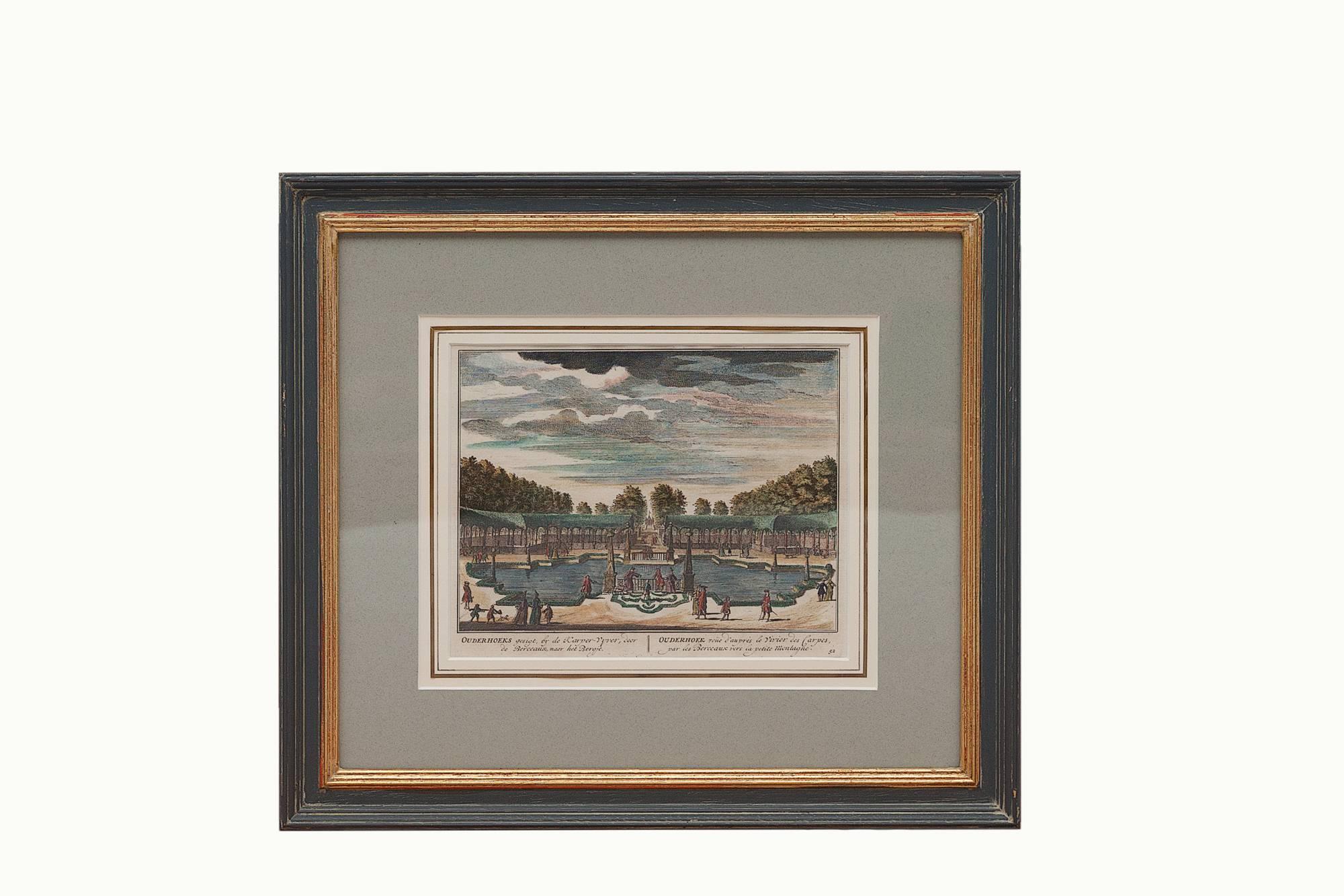 George II 18th Century Dutch Hand-colored Engravings of Gardens, circa 1732