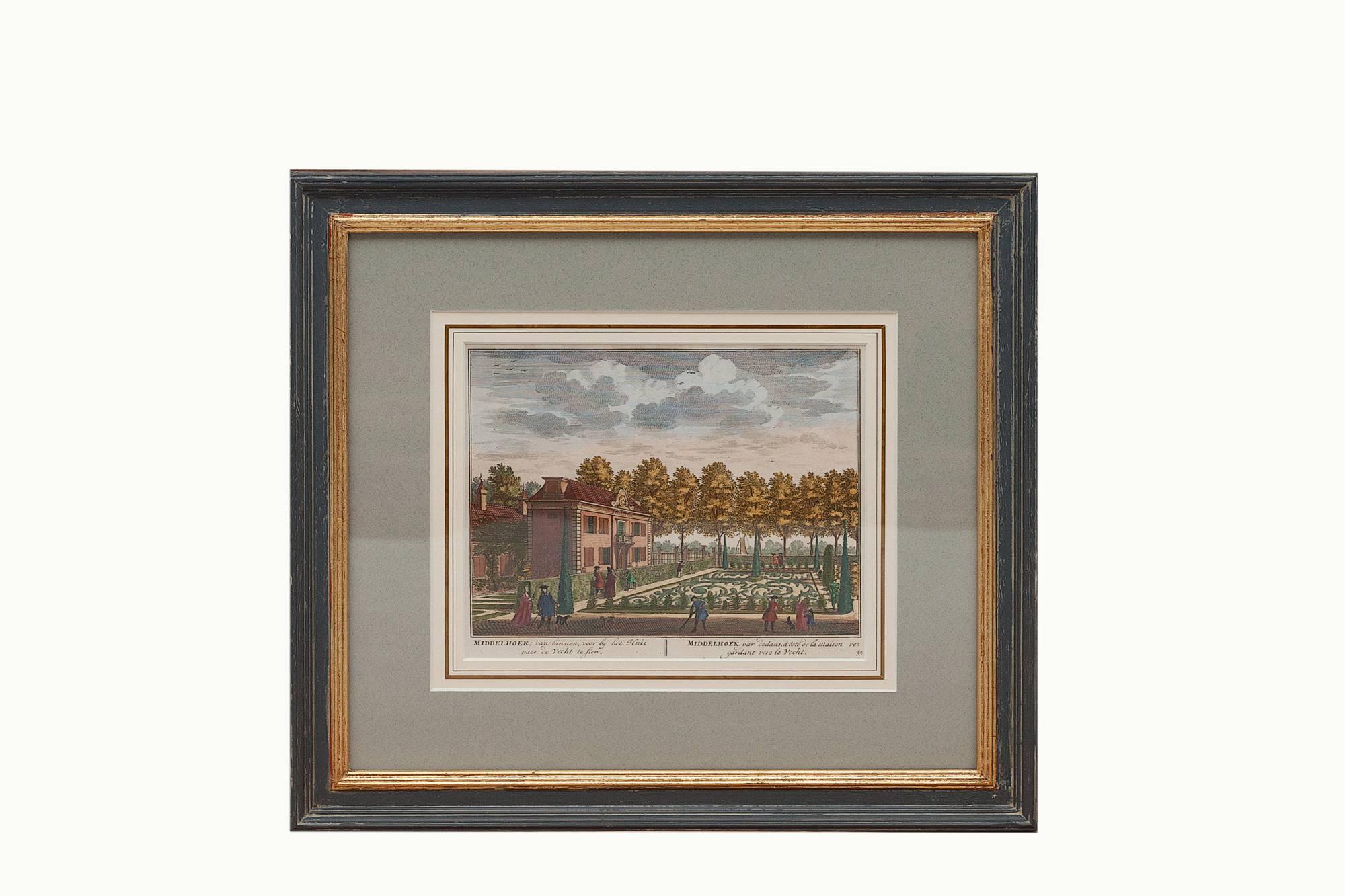 Mid-18th Century 18th Century Dutch Hand-colored Engravings of Gardens, circa 1732