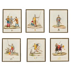 Ein Satz von sechs handkolorierten Stichen mittelalterlicher Ritter aus dem 19. Jahrhundert.