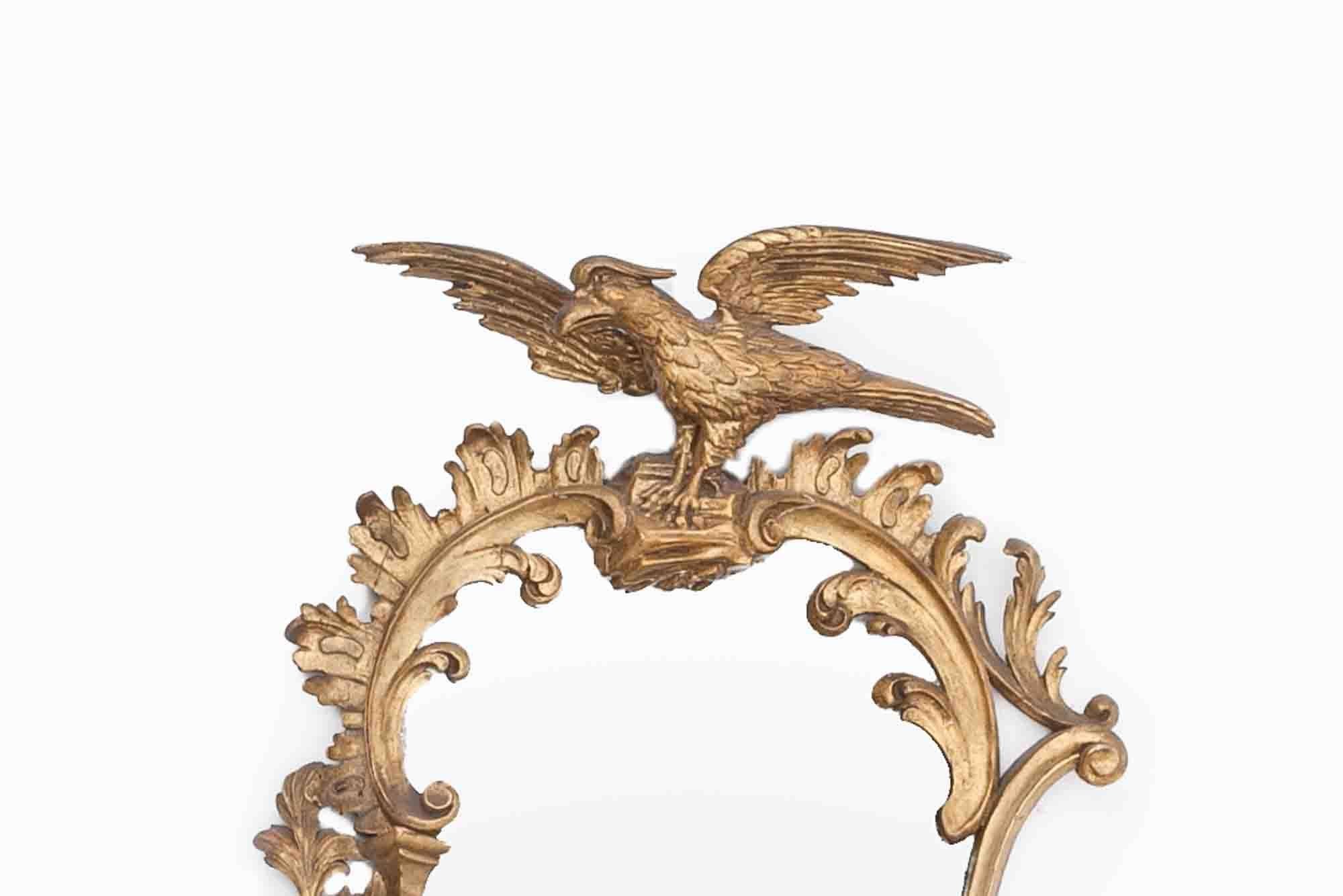 18th Century carved giltwood mirror, the ornate pierced carved asymmetric frame consisting of C-scrolls, rock-work, acanthus foliate. Surmounted by a Ho ho bird.