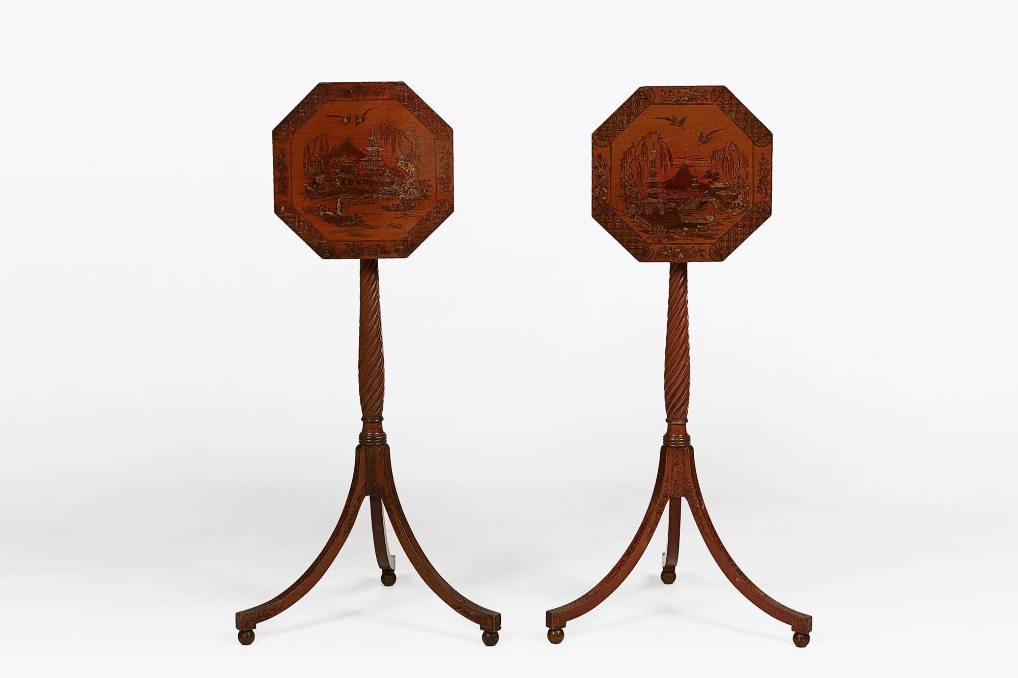 Early 19th century Regency pair of chinoiserie lacquered end tables with tilt-tops.