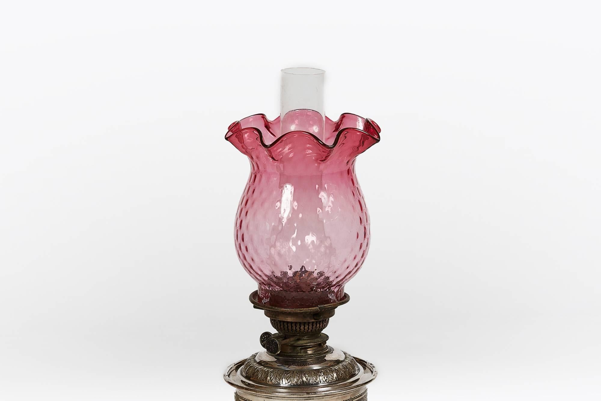 Irish 19th Century Silver and Ruby Glass Oil Lamp