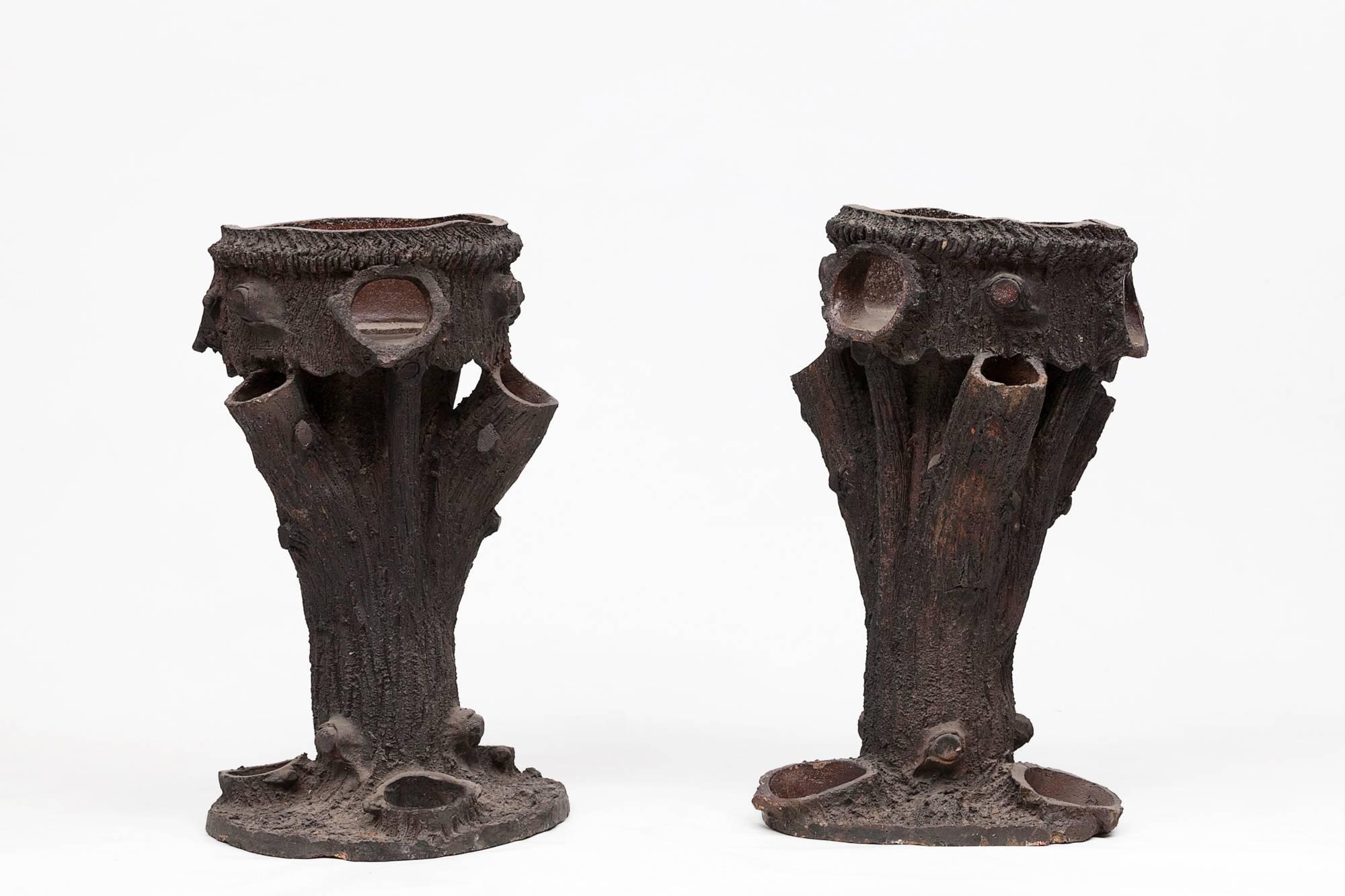 Early 19th century pair of terracotta planters in the form of trees.
