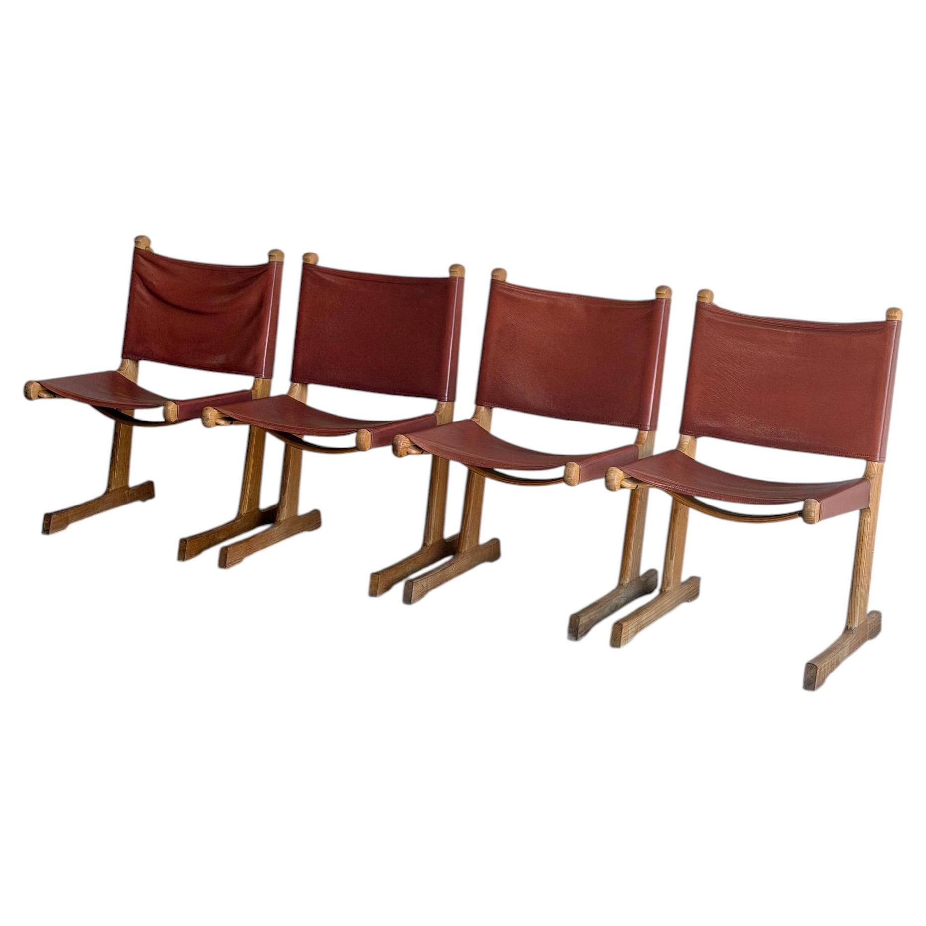 Saddle Brown Leather Dining Chairs Set of 4 Mid-Century Modern 1970s