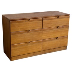 Teak 6-Drawer Double Dresser Lowboy with Sculpted Pulls Danish Vintage 1970s