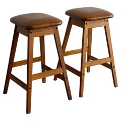 Vamdrup Stolefabrik Teak and Leather Bar Stools Set of 2 Danish Mid-Century Mode
