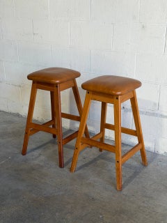 Vamdrup Stolefabrik Teak and Leather Bar Stools Set of 2 Danish Mid-Century Mode