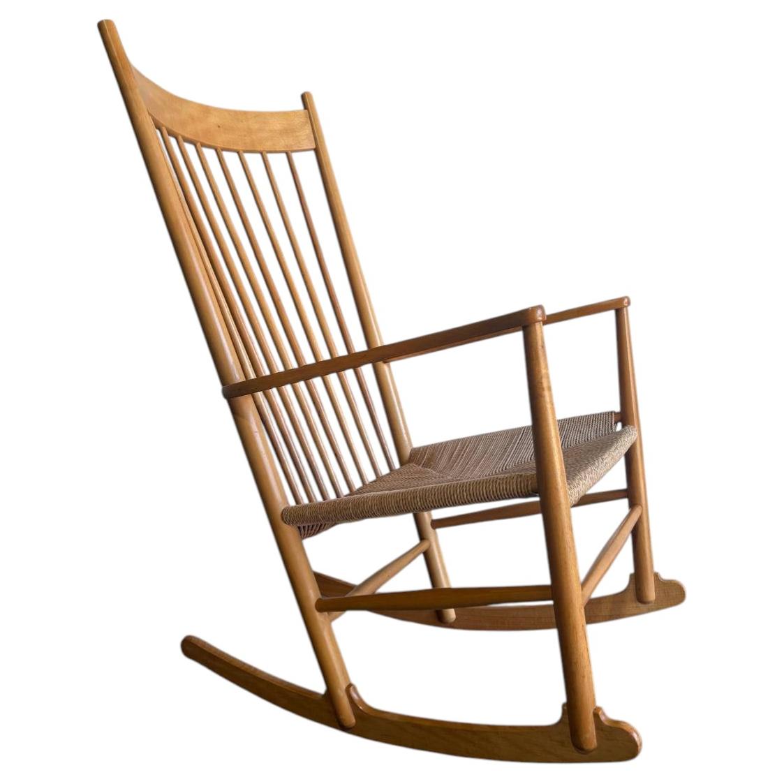 Hans Wegner FDB Møbler Beechwood High Back Rocking Chair Danish Mid-Century Mode For Sale