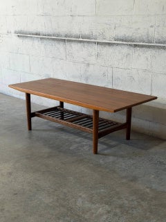 Solid Teak Rectangular Coffee Table with Slatted Magazine Shelf Danish Vintage